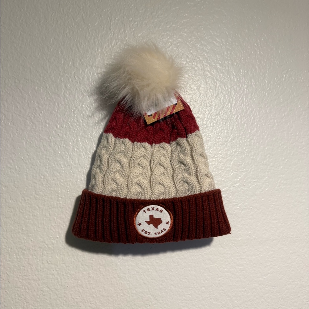 Texas Pom Pom Cable Knit Beanie - Red, Cream, Brown